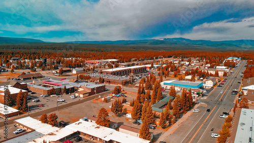 West Yellowstone, Montana. Aerial view of city buildings