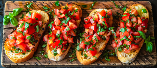 Bruschetta is an Italian appetizer made with grilled bread rubbed with garlic and topped with diced tomatoes, fresh basil, olive oil, and salt