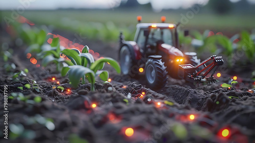 smart farming solutions for the future a red tractor and black tire sit amidst a field of plants, w