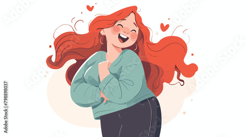 Happy plus size woman flat vector illustration. Cur