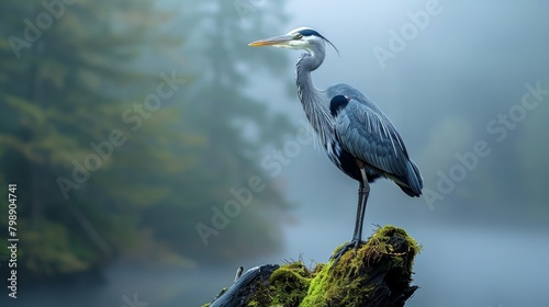 Majestic heron perches on timber, solemn guardian of the misty mountain woods