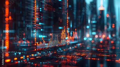 Closeup view of a 3D rendering of a algorithmic trading bot processing complex financial data,visualized through a sleek,holographic interface with a