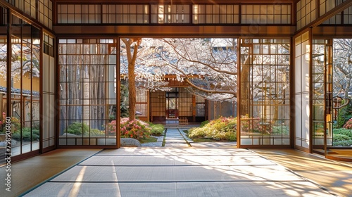 The rice paper sliding doors from the garden perspective. The focus is on the vibrant cherry blossoms and the soft, diffused light filtering through the paper. Generative AI.
