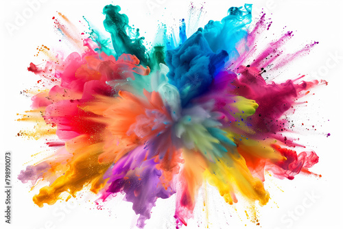 A dynamic explosion of paints in rainbow colors, vividly splattered across a white background, creating a striking and colorful visual celebration. 