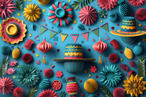 A variety of colorful objects and decorations on a vibrant blue background festa junina