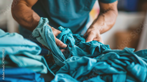 A man standing tall over a heap of clothes, looking down at the mess