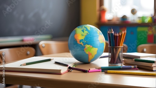 A world ball, school books, pencils, coloured pencils, and an out-of-focus chalkboard in the background are all present on the school table. elementary schooling and returning to the classroom