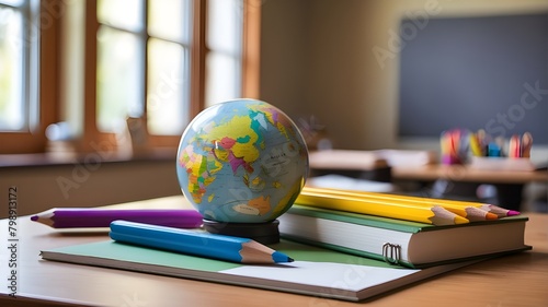 A world ball, school books, pencils, coloured pencils, and an out-of-focus chalkboard in the background are all present on the school table. elementary schooling and returning to the classroom