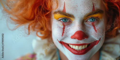 A close-up view of a person with vibrant red hair and intricate clown makeup against a plain white background
