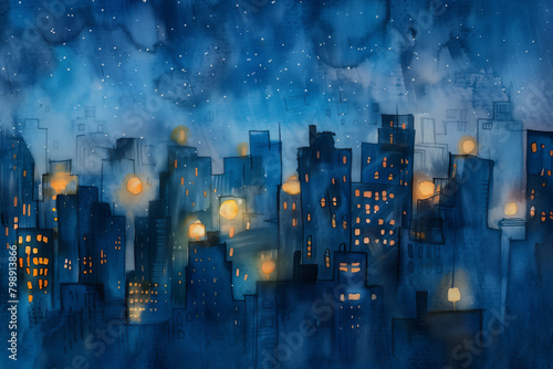 都市のスカイラインを水彩で表現した夜景