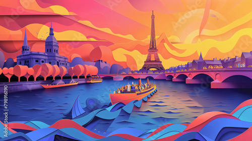 Illustration in the style of paper-cut of cityscape of paris seine river