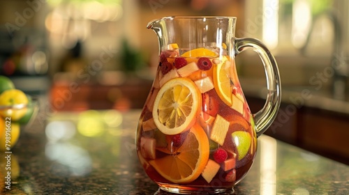 A pitcher of sangria with floating citrus fruits and berries, infusing the wine with fruity flavors and vibrant colors.