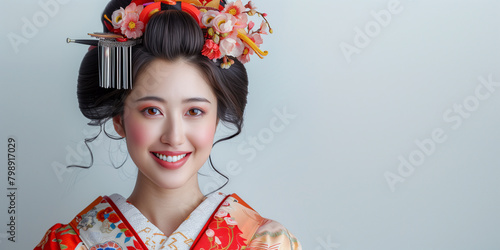 A geisha with an orchid flower tucked in her hair, resembling a geisha, against a white background banner