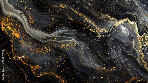 Enigmatic onyx marble ink meandering through an abyssal abstract scene, speckled with subtle glitters.