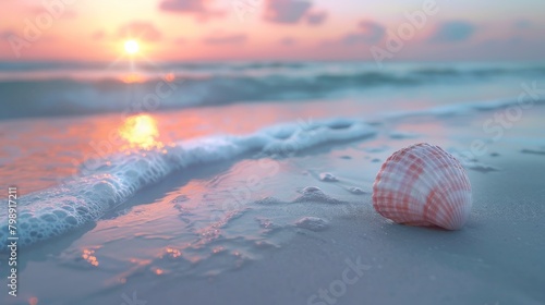 A serene and tranquil scene of a pastel-colored beach sunset, with soft waves gently lapping against the shore and a lone seashell resting on the sand, evoking a sense of peace and relaxation.