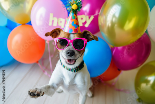 Funny dog celebrating with happy birthday sunglasses