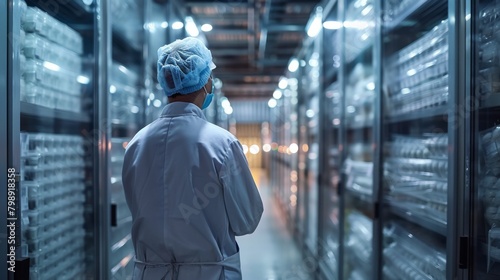 A technician monitoring temperature and humidity levels in a cold storage facility where frozen chicken products are stored before export, ensuring optimal preservation conditions.