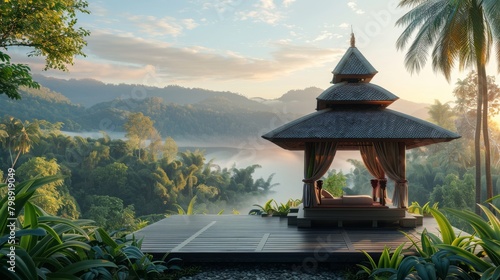 A traditional Thai massage pavilion overlooking a natural landscape, offering guests a peaceful retreat for relaxation and rejuvenation.