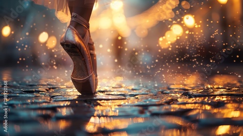 Ballet slippers on a moist cobblestone surface, under streaks of warm light, capture the essence of performance and elegance in motion.
