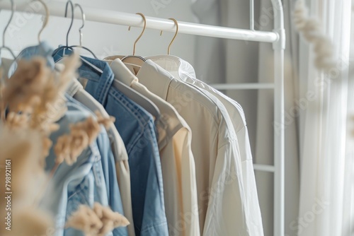 Clean clothes on hangers indoors on white background after professional dry-cleaning