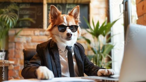 Shiba Inu doge wearing a suit working on a laptop computer in an office cubicle,Confident Canine Corporate Executive Portrait,Cute Corgi office worker. Generated AI