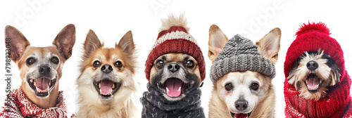 portrait of a group of happy dogs wearing winter clothes on white background