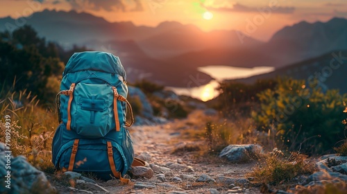 Traveler’s azure pack paused on a dusky trail, framed by the soft glow of sunset and the stillness of nature’s path