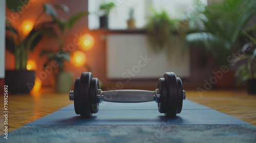 Metal dumbbell and mat at Home. Exercising at home for a healthy life. Space for text.