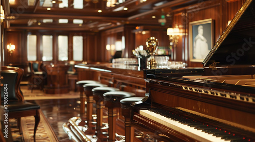 Mahogany bar exudes sophistication, mirroring the piano's melody.