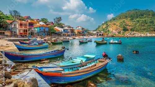 A traditional wooden fishing village nestled along a picturesque coastline, with colorful boats lining the shore.