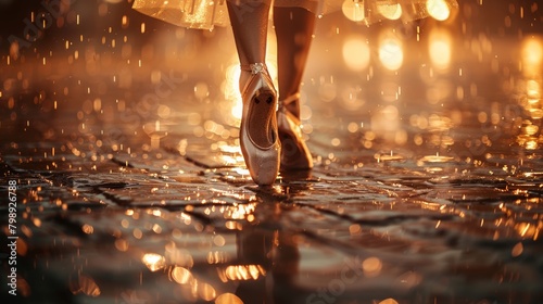 Ballet slippers on a moist cobblestone surface, under streaks of warm light, capture the essence of performance and elegance in motion.