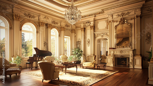 Ornate ceiling moldings frame the room, a testament to bygone craftsmanship.