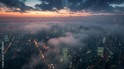 Stunning image of a foggy city skyline during dawn with a vivid sky offering an atmospheric feel