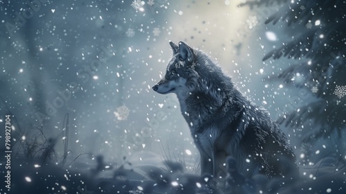Enveloped in a gentle flurry of snowflakes, a lone wolf stands amidst a winter wonderland, its silhouette striking against the pristine landscape.
