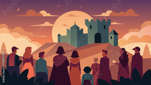 As the sun sets over an ancient castle a group gathers to share stories of their ancestors who may have once lived within its walls.. Vector illustration