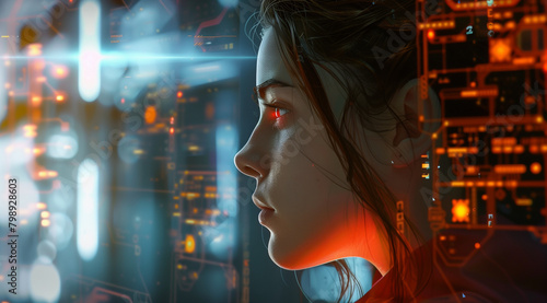 AI engineer with cybernetic elements and glowing data streams in the background. The focus is on her profile against futuristic tech interface panels.
