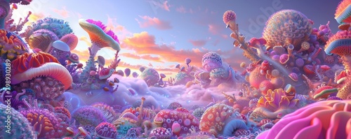 A backdrop resembling a childrens drawing of a fantastical world, filled with impossible shapes and vibrant colors 
