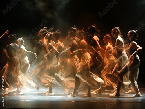 A group of dancers are performing on stage, with their movements blurred and their bodies in motion. The scene is set in a theater, and the dancers are dressed in white costumes
