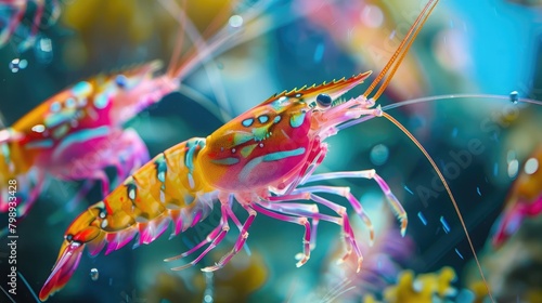 Close-up of shrimp swimming in clear water tanks, highlighting the vibrant colors and graceful movements of these marine crustaceans.