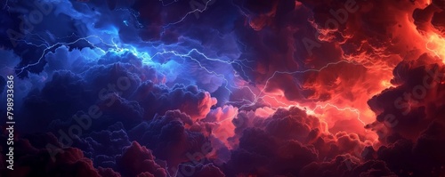 A dramatic abstract scene with dark, stormy clouds of indigo blue rolling across a fiery red horizon, illuminated by flashes of lightning 