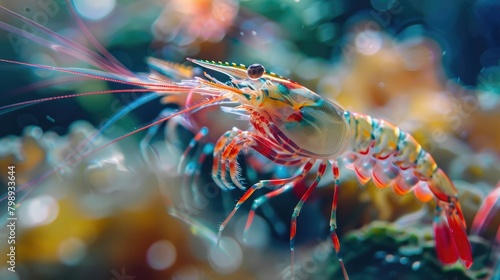 Close-up of shrimp swimming in clear water tanks, highlighting the vibrant colors and graceful movements of these marine crustaceans.