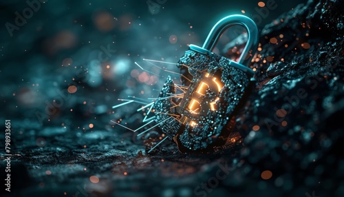 A digital padlock shattering into fragments, revealing a glowing blockchain symbol at its core, signifying the security and immutability of blockchain data 