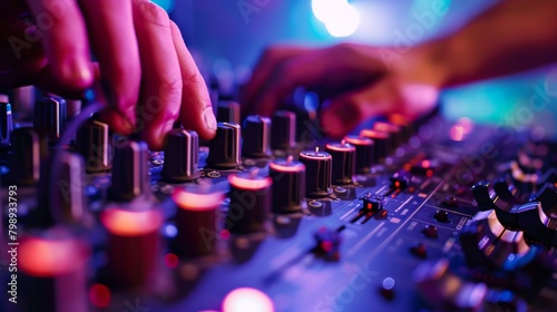 Close-up of hands adjusting equalizer knobs on a sound mixer, fine-tuning audio for optimal clarity.