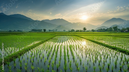 scenic rural landscape with rice paddies stretching to the horizon, reflecting the timeless connection between agriculture and civilization.