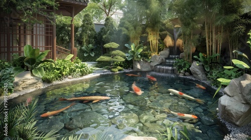 serene Zen garden with a tranquil koi pond surrounded by lush vegetation and carefully manicured landscapes, promoting relaxation and contemplation.