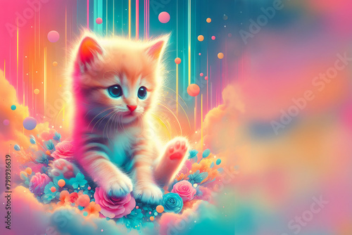 Cute fluffy striped kitten on festive,abstract,futuristic pink and blue with yellow background. Concept: children's photos, children's holiday, matinee. Wallpaper on the phone for children.