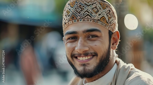 Close up view of the friendly smiling expression of an adult Muslim man wearing a taqiyah head hat