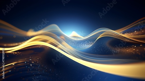  Explore the digital landscape of tomorrow with an abstract futuristic background, characterized by waves of particles, code, and dots, bathed in a striking blue and gold color scheme, evoking a sense