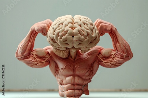 Strong human brain power concept erudite mind memory health. Gray matter neurons with developed inflated arms biceps abdominal press muscles, personifies an intelligent scientist.