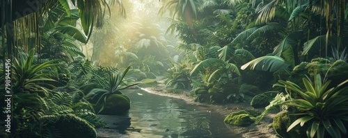 A lush tropical jungle scene with sunlight filtering through the dense canopy, illuminating a hidden river winding through the undergrowth 